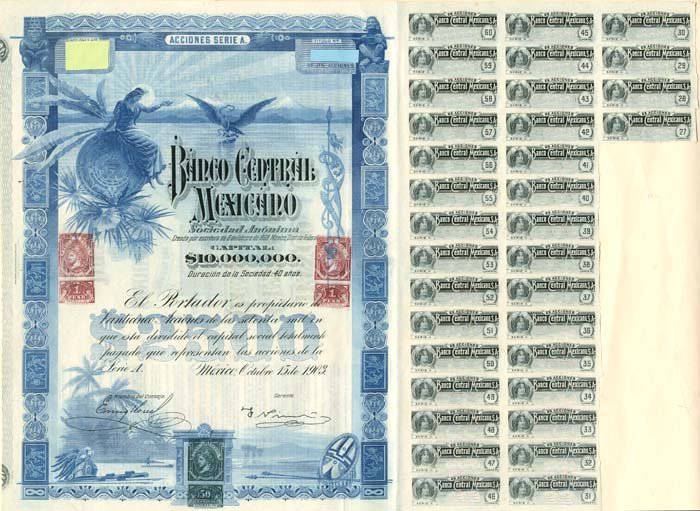 "King Blueberry" Banco Central Mexicano 25 shares 2500 pesos Blueberries - Dividend Stock Certificate